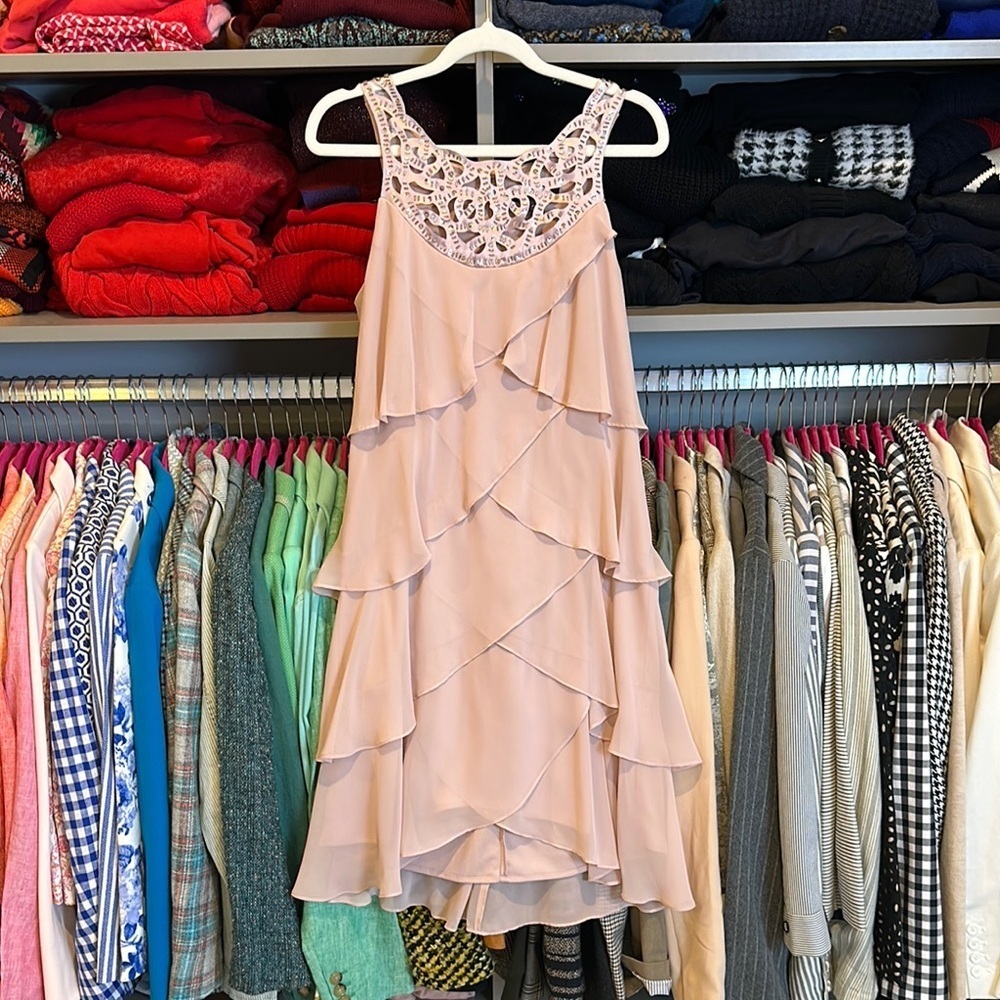 S.L. Fashionstaupe pink tiered ruffle bead detail lined dress size